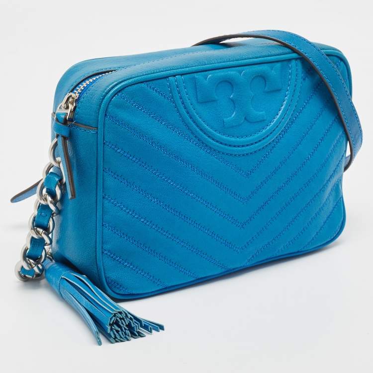 Pre Owned Tory Burch Blue Chevron Leather Fleming Camera Bag