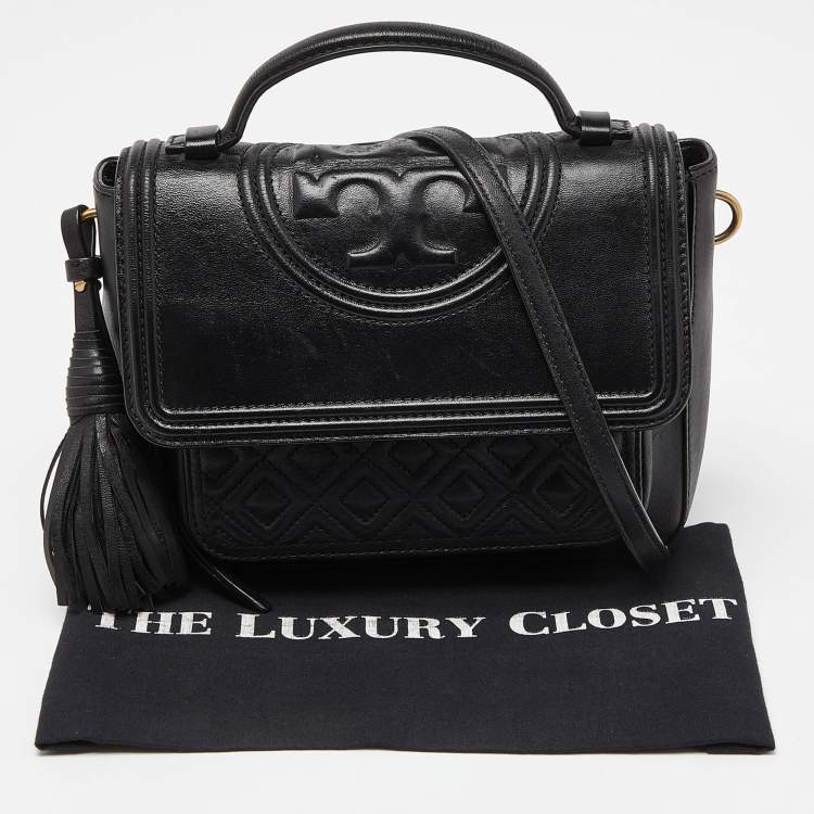 Pre Owned Tory Burch Black Quilted Leather Flap Top Handle Bag
