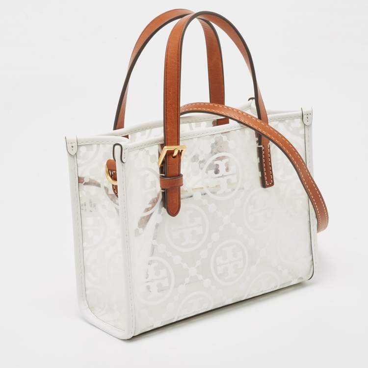 Pre Owned Tory Burch White/Tan Signature PVC and Leather Tote