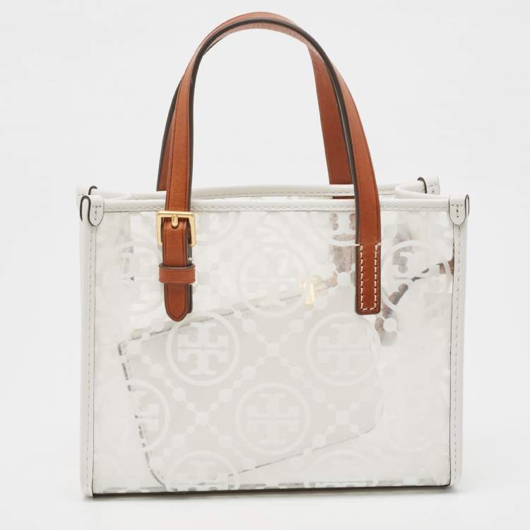 Pre Owned Tory Burch White/Tan Signature PVC and Leather Tote