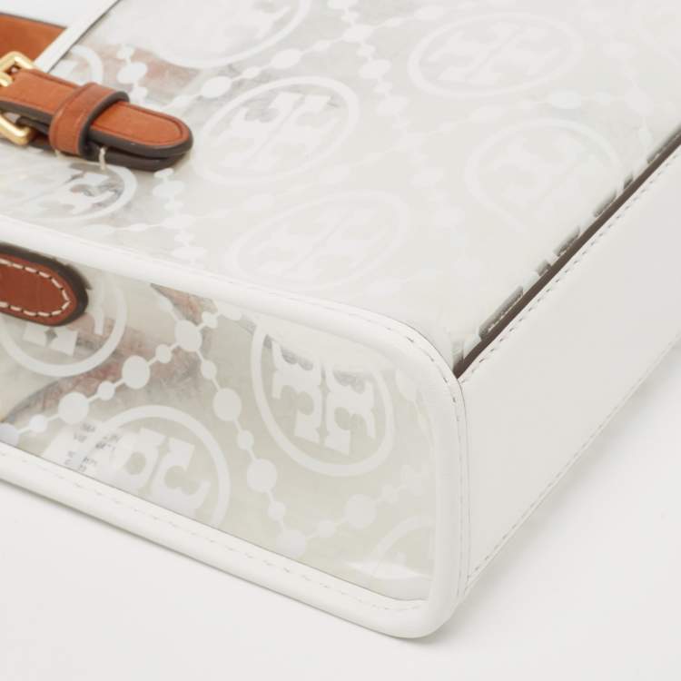 Pre Owned Tory Burch White/Tan Signature PVC and Leather Tote