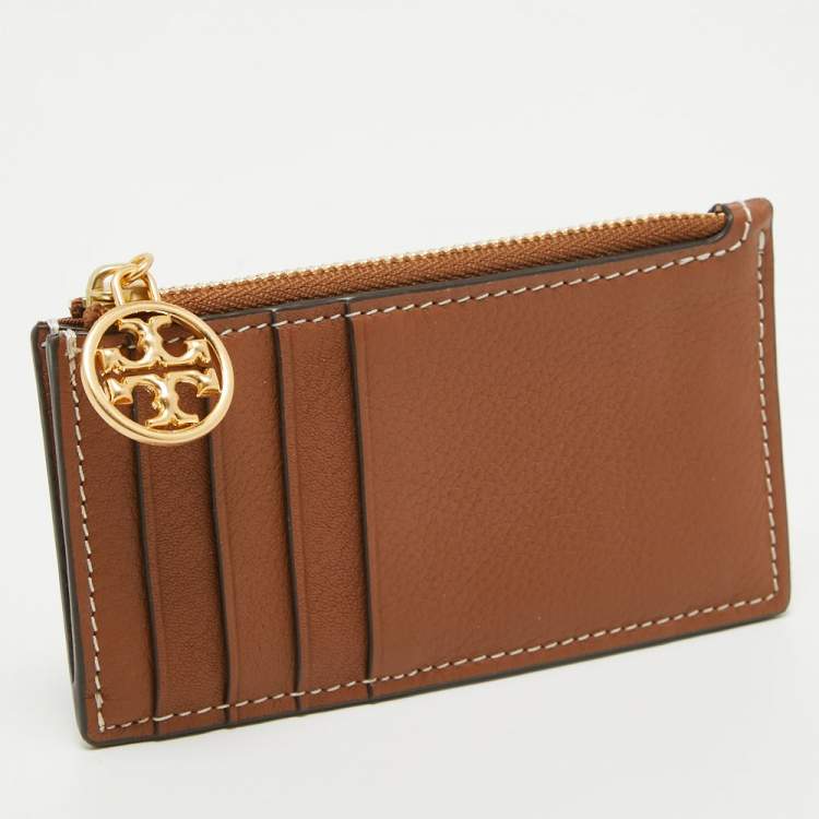 Pre Owned Tory Burch Brown Leather Miller Top Zip Card Case