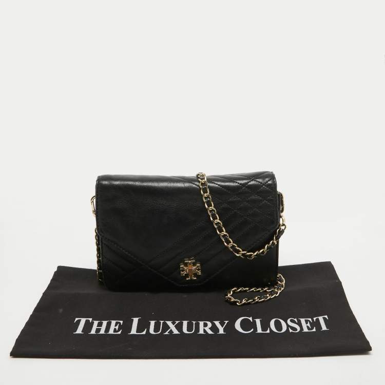 Pre Owned Tory Burch Black Leather Kira Envelope Flap Chain Bag