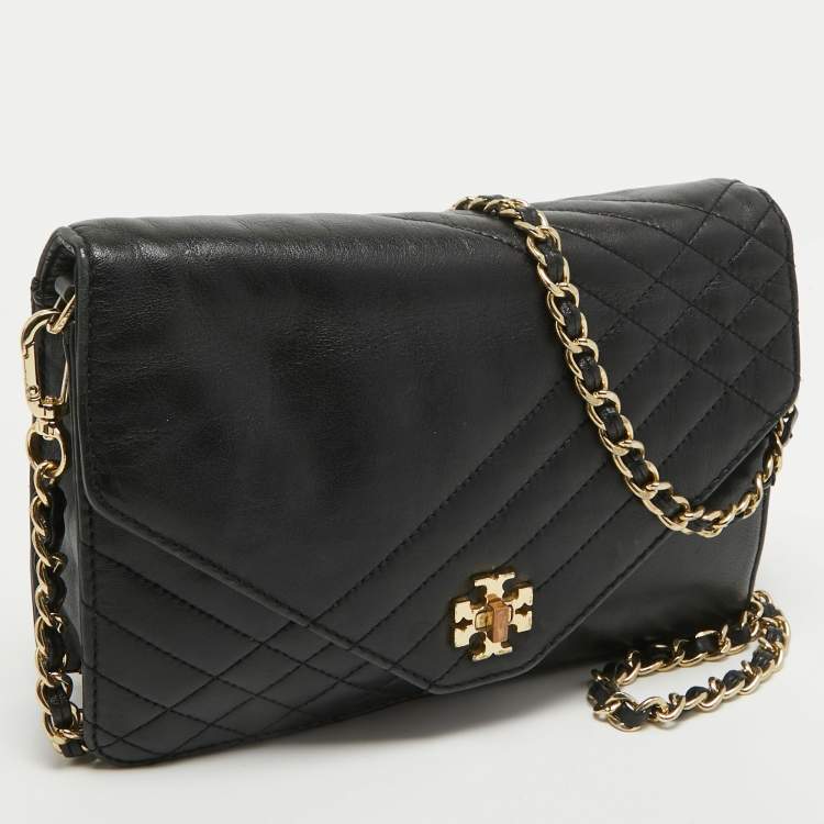 Pre Owned Tory Burch Black Leather Kira Envelope Flap Chain Bag
