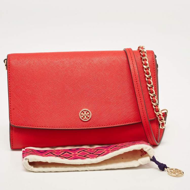 Pre Owned Tory Burch Red Saffiano Leather Robinson Wallet on Chain