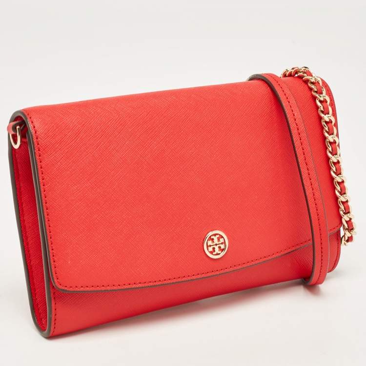 Pre Owned Tory Burch Red Saffiano Leather Robinson Wallet on Chain