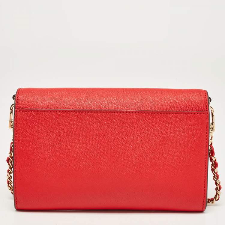 Pre Owned Tory Burch Red Saffiano Leather Robinson Wallet on Chain