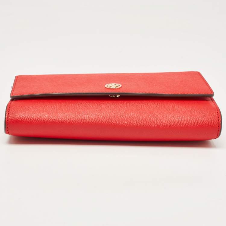 Pre Owned Tory Burch Red Saffiano Leather Robinson Wallet on Chain