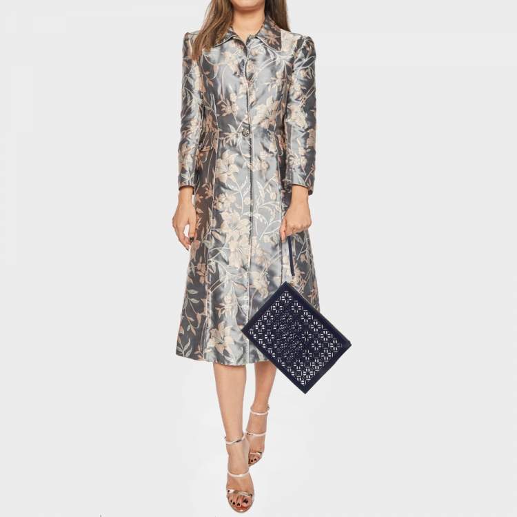 Pre Owned Tory Burch Blue Laser Cut Patent Leather Wristlet Pouch