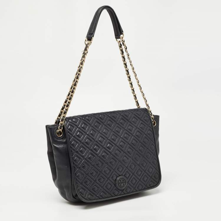 Pre Owned Tory Burch Black Quilted Leather Marion Flap Chain Shoulder Bag