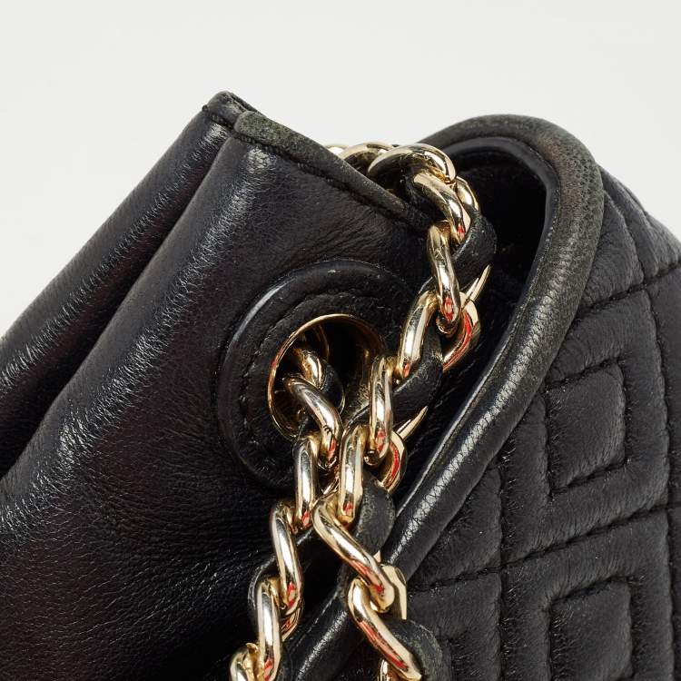 Pre Owned Tory Burch Black Quilted Leather Marion Flap Chain Shoulder Bag