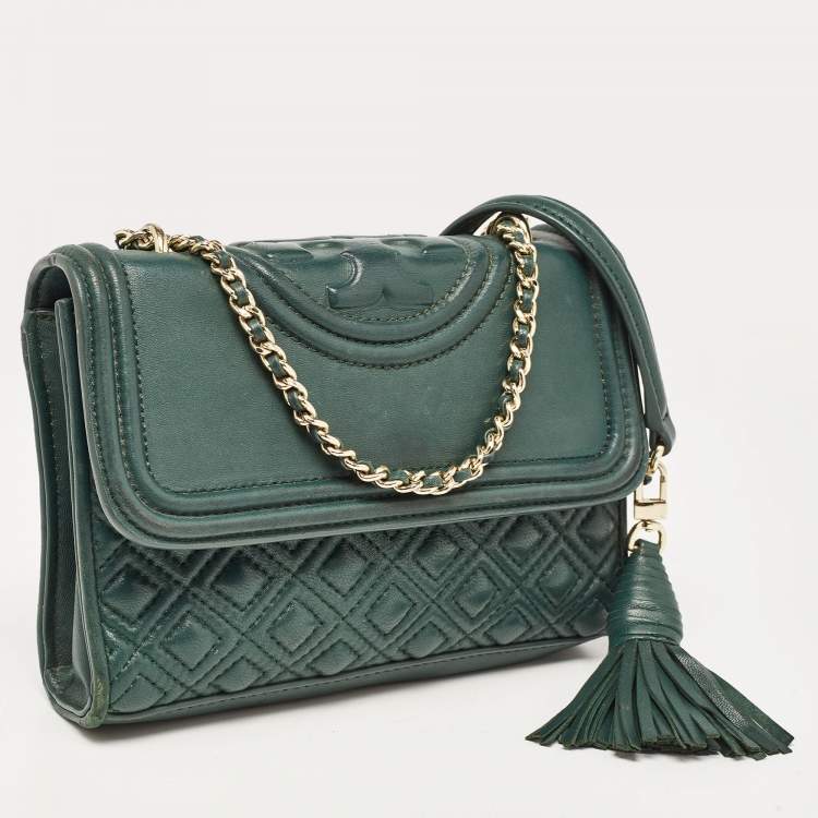 Pre Owned Tory Burch Green Leather Small Fleming Shoulder Bag