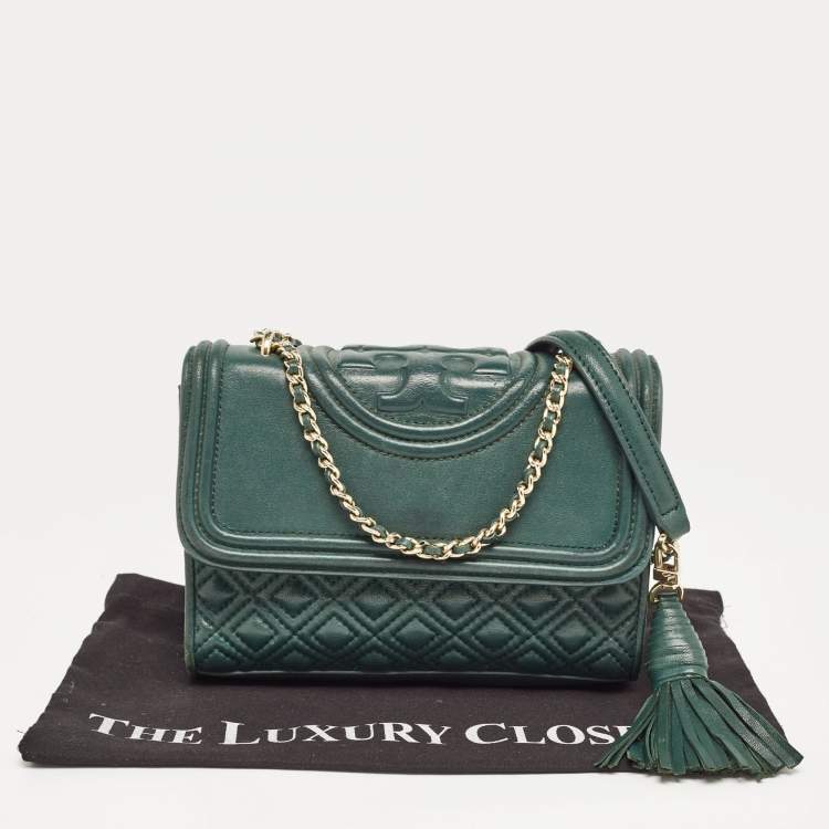 Pre Owned Tory Burch Green Leather Small Fleming Shoulder Bag