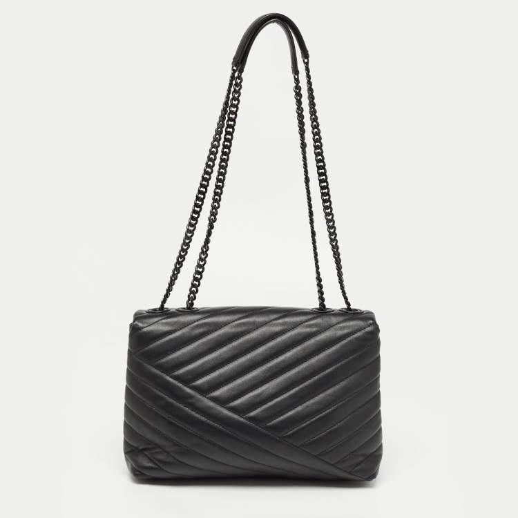 Pre Owned Tory Burch Black Chevron Leather Kira Convertible Shoulder Bag