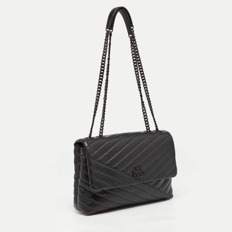 Pre Owned Tory Burch Black Chevron Leather Kira Convertible Shoulder Bag