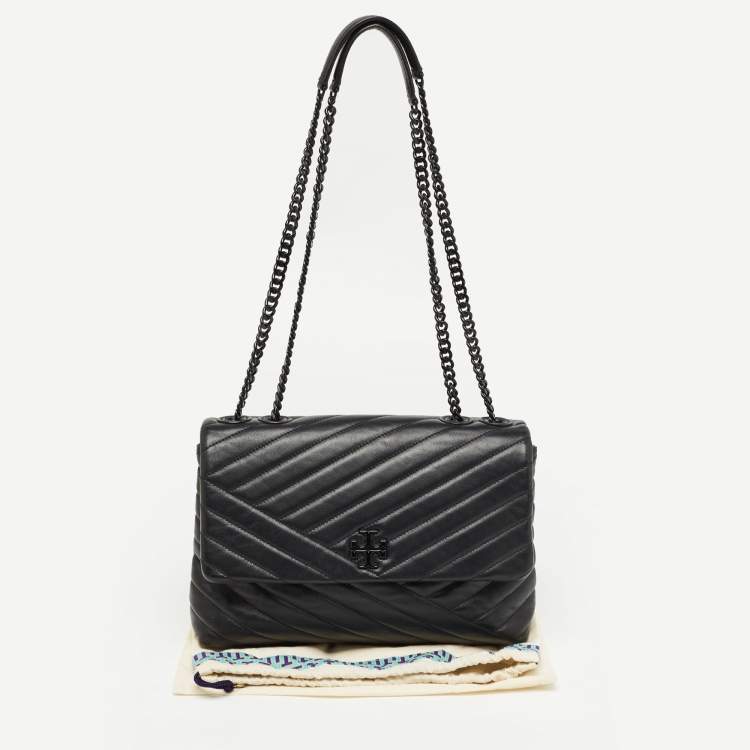 Pre Owned Tory Burch Black Chevron Leather Kira Convertible Shoulder Bag