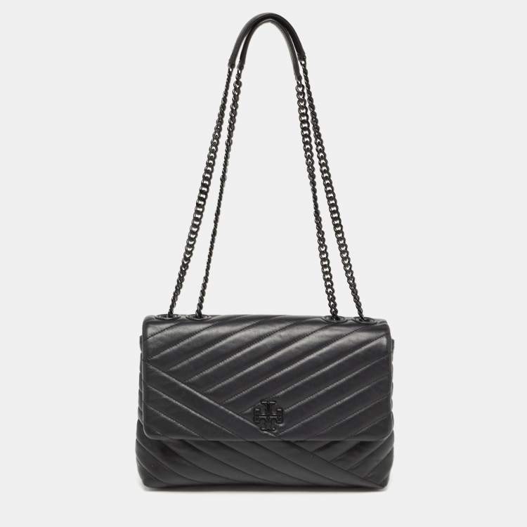 Pre Owned Tory Burch Black Chevron Leather Kira Convertible Shoulder Bag