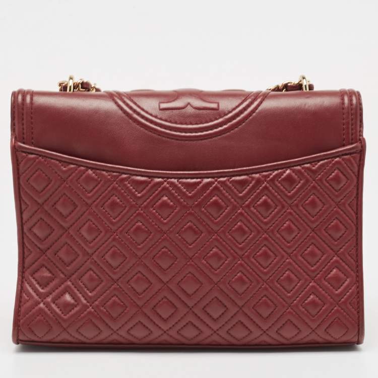Pre Owned Tory Burch Burgundy Quilted Leather Large Fleming Shoulder Bag