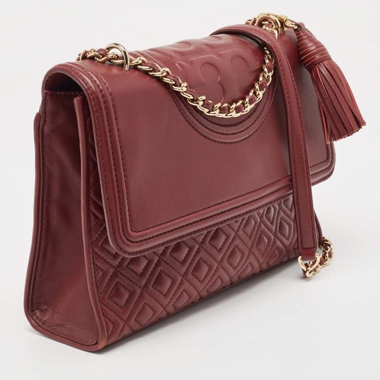 Pre Owned Tory Burch Burgundy Quilted Leather Large Fleming Shoulder Bag