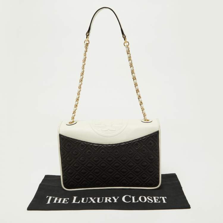 Pre Owned Tory Burch Black/White Leather Fleming Shoulder Bag