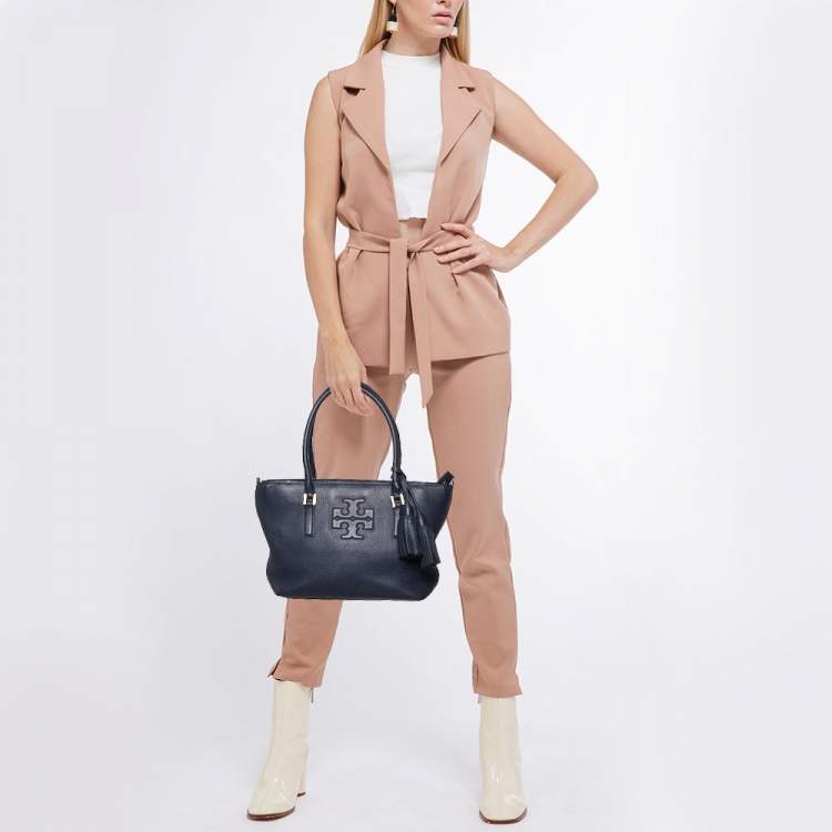 Pre Owned Tory Burch Blue Leather Top Zip Tassel Tote