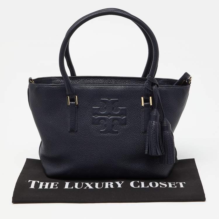 Pre Owned Tory Burch Blue Leather Top Zip Tassel Tote
