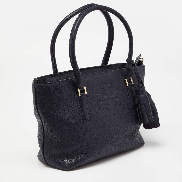 Pre Owned Tory Burch Blue Leather Top Zip Tassel Tote