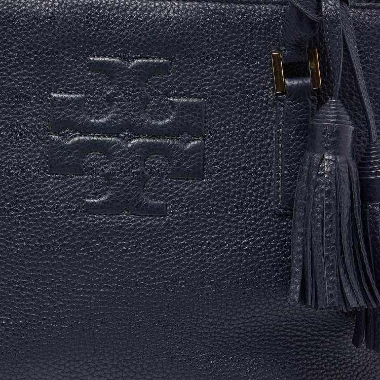 Pre Owned Tory Burch Blue Leather Top Zip Tassel Tote