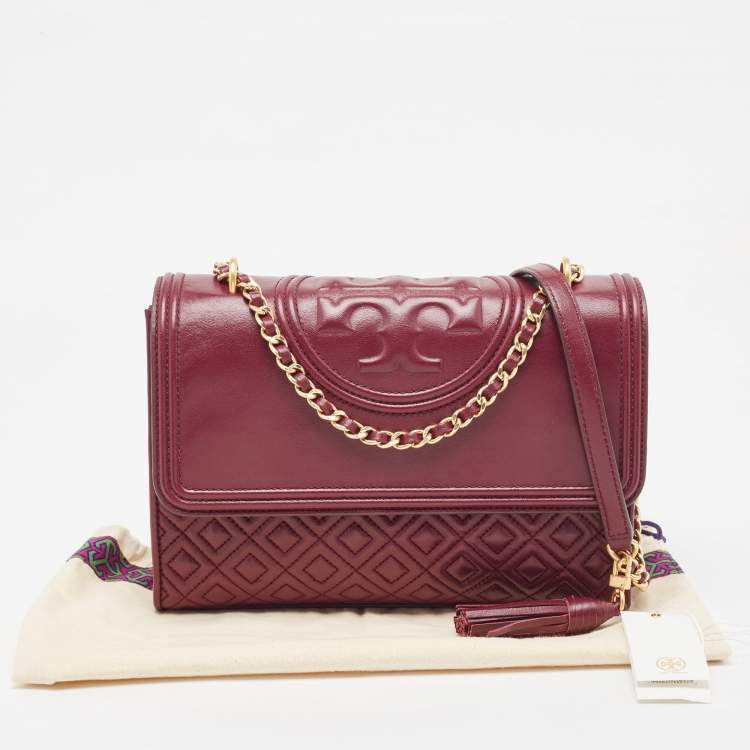 Pre Owned Tory Burch Burgundy Leather Fleming Crossbody Bag