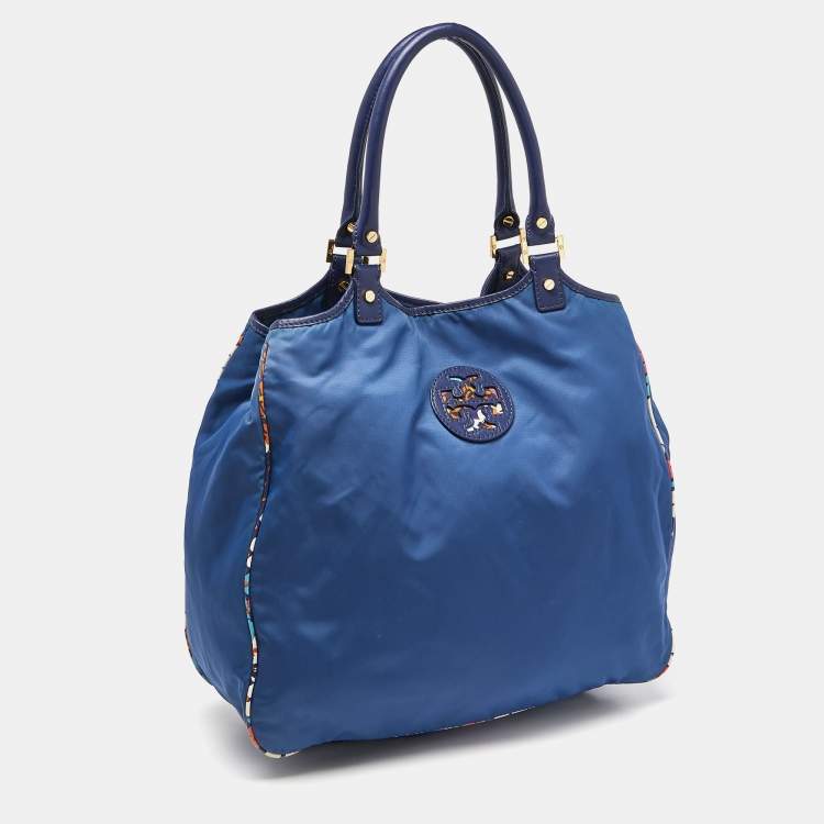 Pre Owned Tory Burch Multicolor/Blue Floral Printed Nylon and Leather Reversible Tote