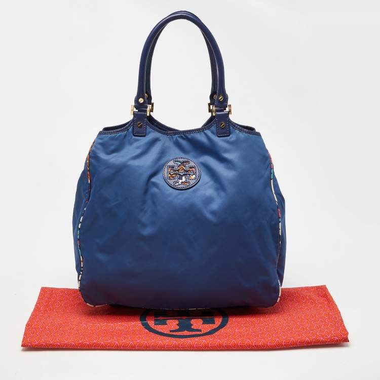 Pre Owned Tory Burch Multicolor/Blue Floral Printed Nylon and Leather Reversible Tote