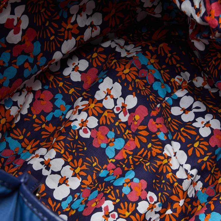 Pre Owned Tory Burch Multicolor/Blue Floral Printed Nylon and Leather Reversible Tote