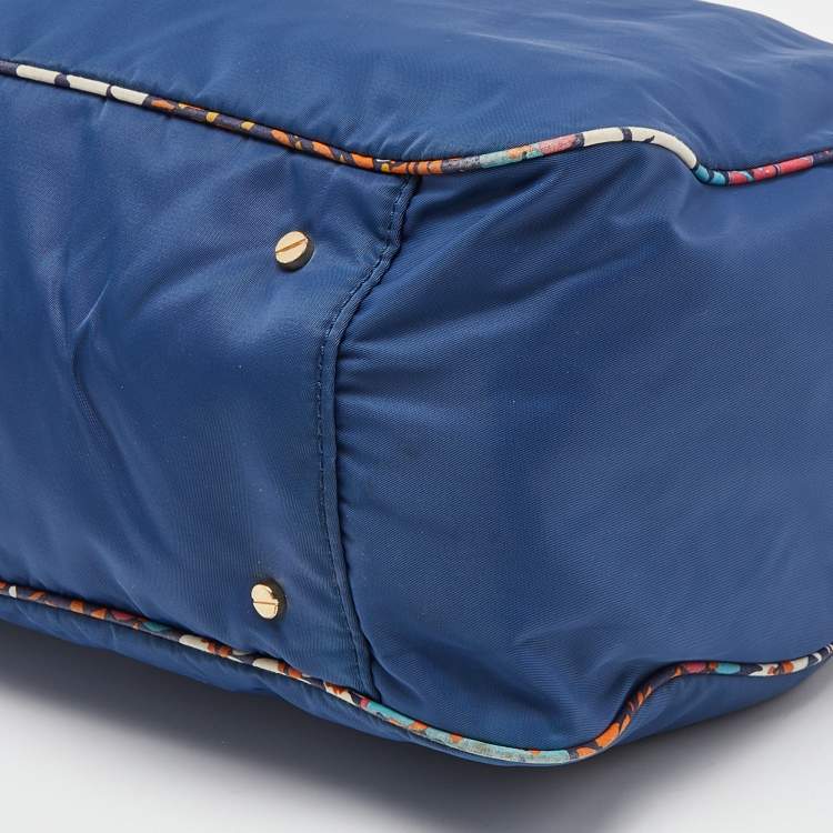 Pre Owned Tory Burch Multicolor/Blue Floral Printed Nylon and Leather Reversible Tote