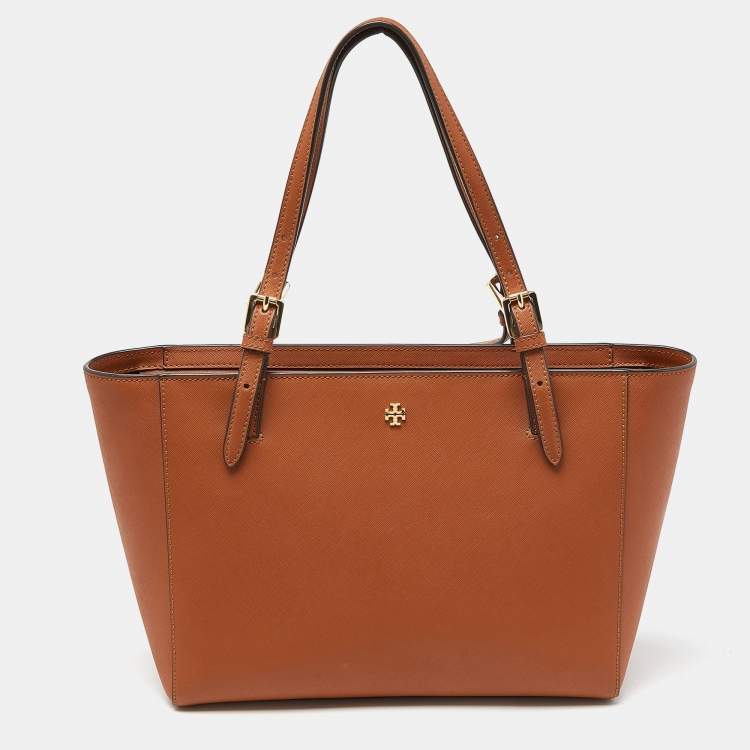 Pre Owned Tory Burch Brown Saffiano Leather Medium York Buckle Tote
