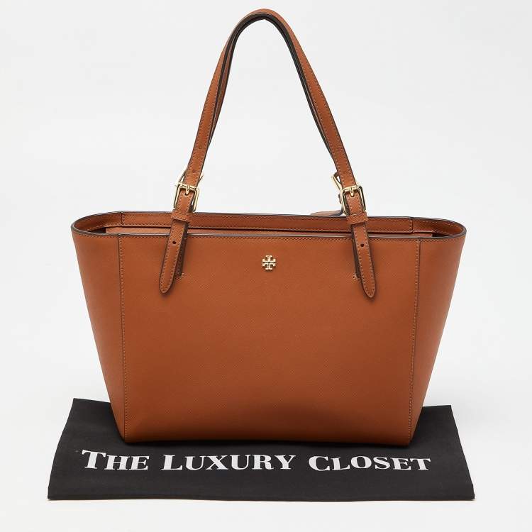Pre Owned Tory Burch Brown Saffiano Leather Medium York Buckle Tote