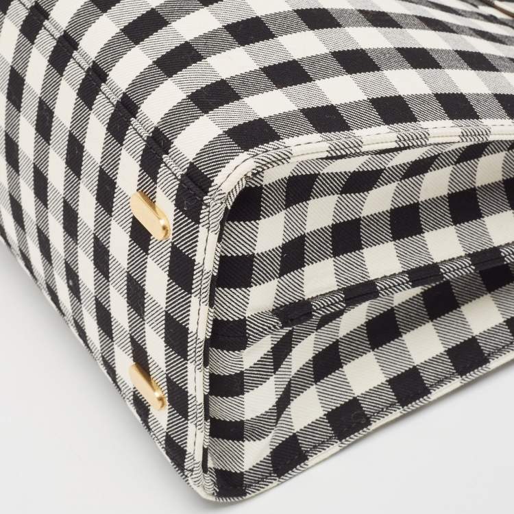 Pre Owned Tory Burch Black/White Checkered Canvas Lee Radziwill Top Handle Bag