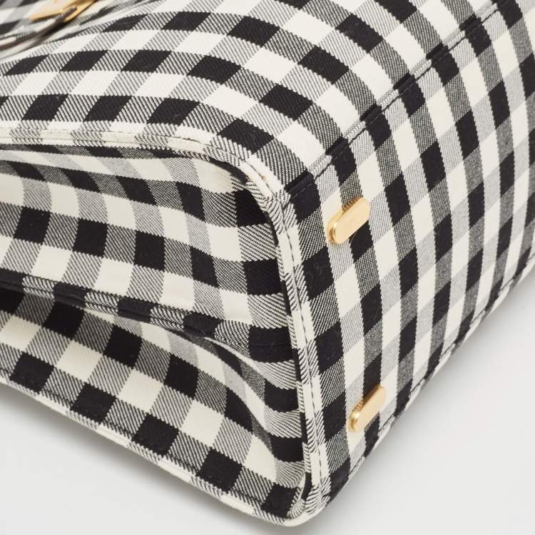 Pre Owned Tory Burch Black/White Checkered Canvas Lee Radziwill Top Handle Bag