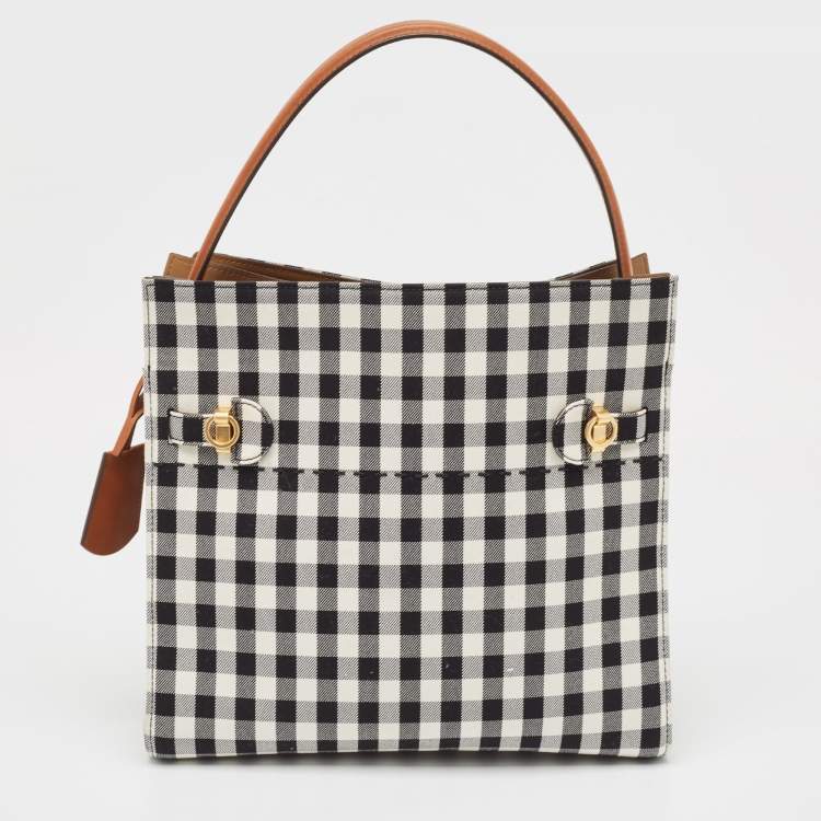 Pre Owned Tory Burch Black/White Checkered Canvas Lee Radziwill Top Handle Bag