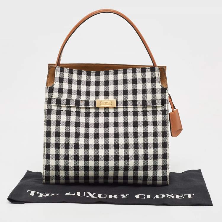 Pre Owned Tory Burch Black/White Checkered Canvas Lee Radziwill Top Handle Bag