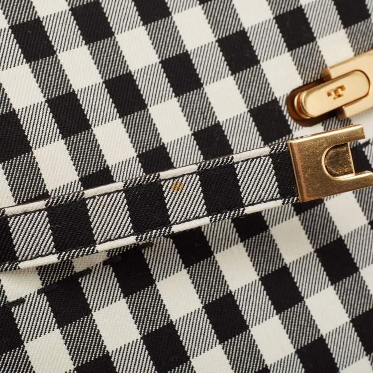 Pre Owned Tory Burch Black/White Checkered Canvas Lee Radziwill Top Handle Bag