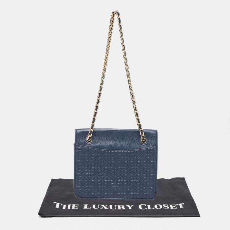 Pre Owned Tory Burch Navy Blue Leather Medium Fleming Shoulder Bag