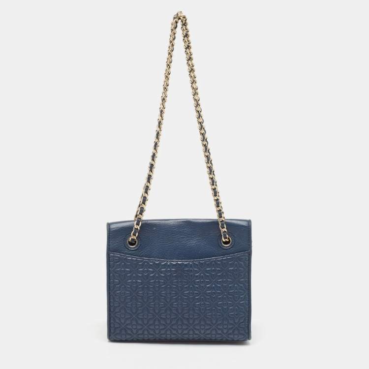 Pre Owned Tory Burch Navy Blue Leather Medium Fleming Shoulder Bag
