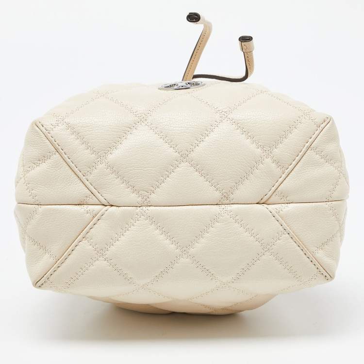 Pre Owned Tory Burch Cream Quilted Leather Willa Drawstring Bucket Bag 