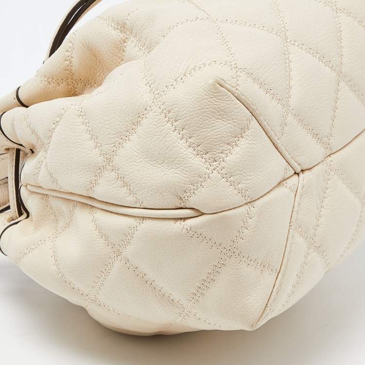 Pre Owned Tory Burch Cream Quilted Leather Willa Drawstring Bucket Bag 