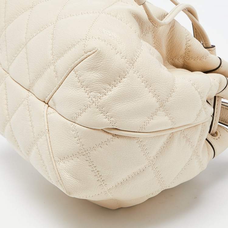 Pre Owned Tory Burch Cream Quilted Leather Willa Drawstring Bucket Bag 