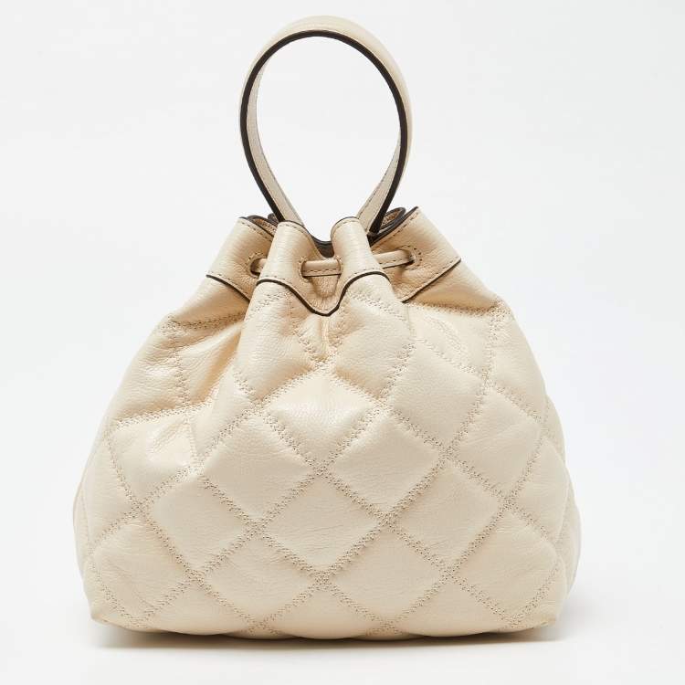Pre Owned Tory Burch Cream Quilted Leather Willa Drawstring Bucket Bag 