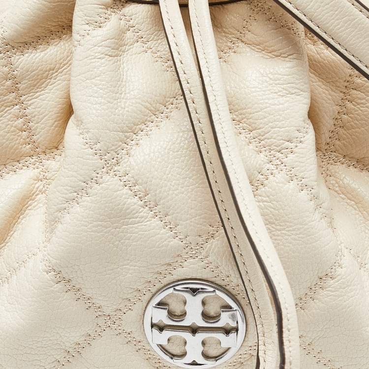 Pre Owned Tory Burch Cream Quilted Leather Willa Drawstring Bucket Bag 
