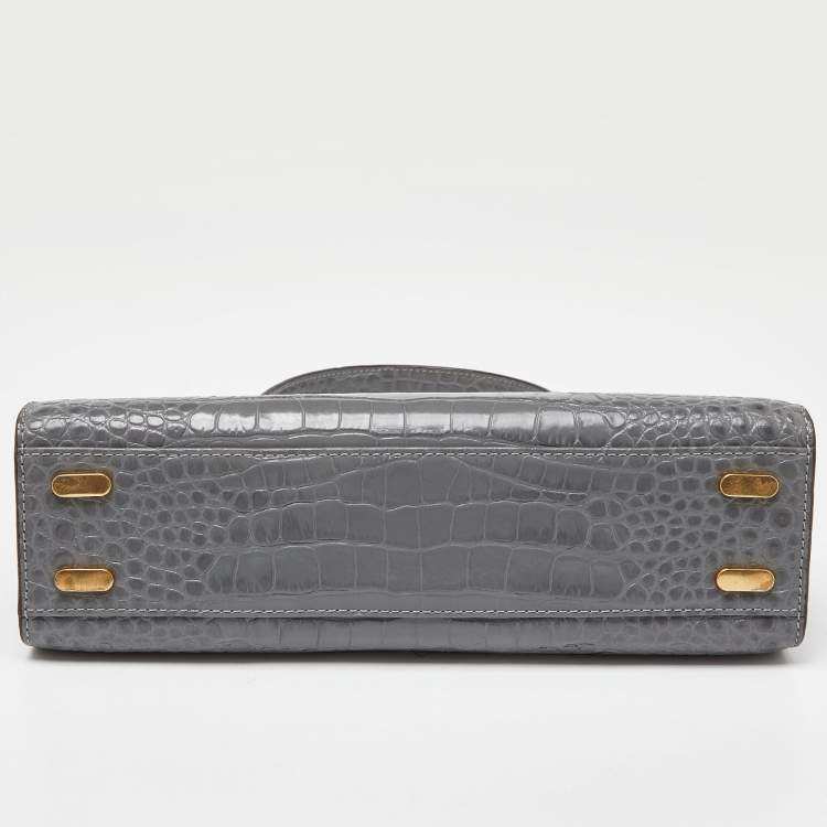 Pre Owned Tory Burch Grey Croc Embossed Leather Small Lee Radziwill Top Handle Bag