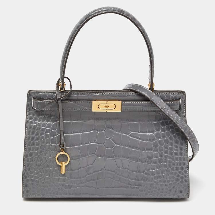 Pre Owned Tory Burch Grey Croc Embossed Leather Small Lee Radziwill Top Handle Bag