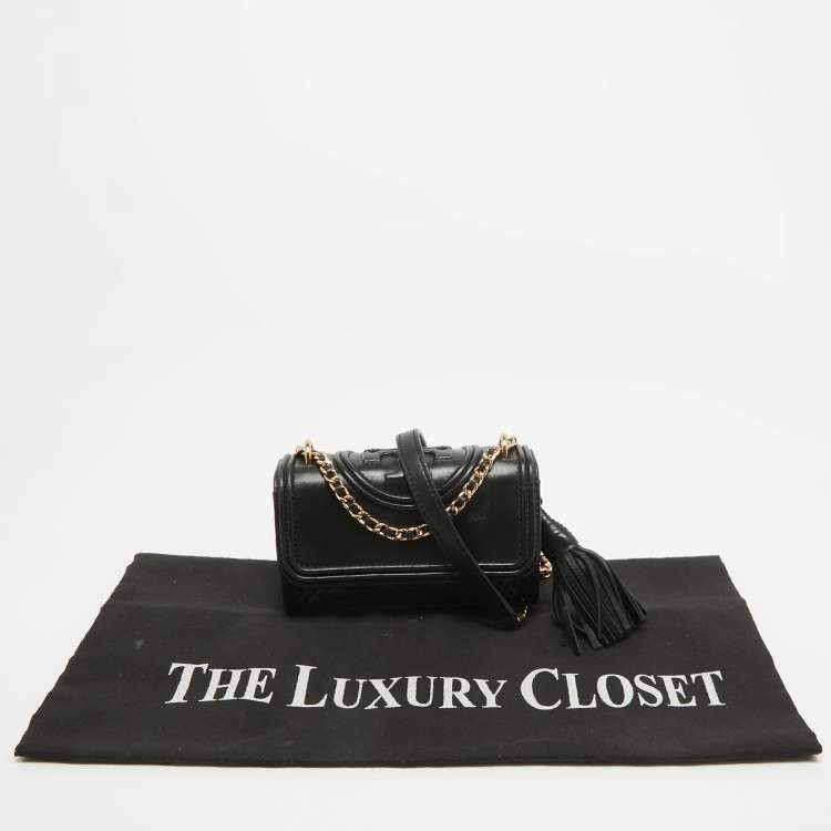 Pre Owned Tory Burch Black Quilted Leather Micro Fleming Crossbody Bag